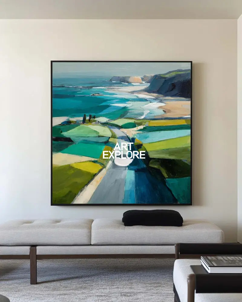 Blue Coastal Wall Art Large Blue Abstract Coastal Landscape Oil Painting For Living Room, ArtExplore