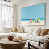 Abstract Beach Seascape Painting With Blue Sky And Umbrellas For Coastal Home Decor
