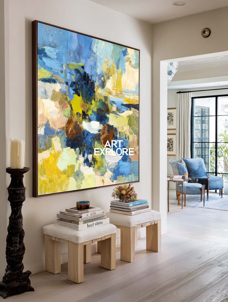 Vibrant Blue And Yellow Abstract Oil Painting On Linen Canvas For Modern Living Room Decor