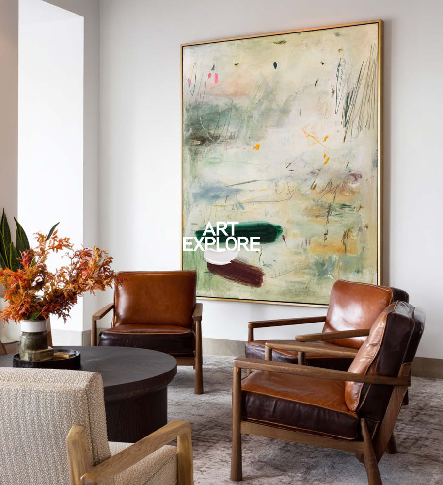 Modern Minimalist Green Abstract Painting Original Oil On Linen Canvas For Living Room Decor
