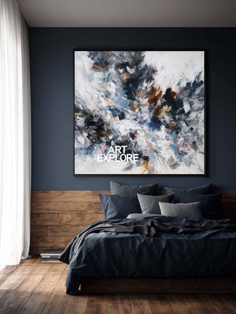 Modern Abstract Square Painting Black And White Textured Art For Living Room
