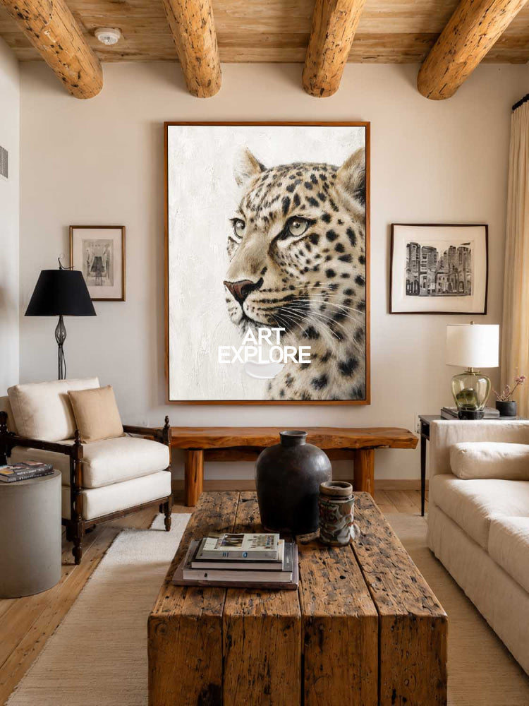 Modern Leopard Portrait Painting With Abstract Textures For Contemporary Living Room Decor
