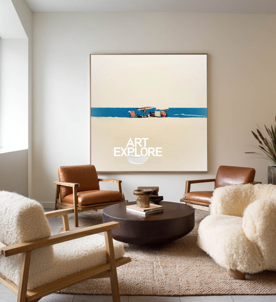 Original Minimalist Beach Painting With Blue Sea And Sand For Modern Coastal Home Decor Art