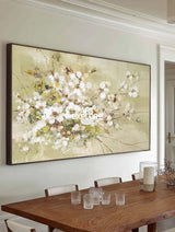 Modern Abstract Floral Painting White Blossoms On Sage Green Canvas For Living Room Decor