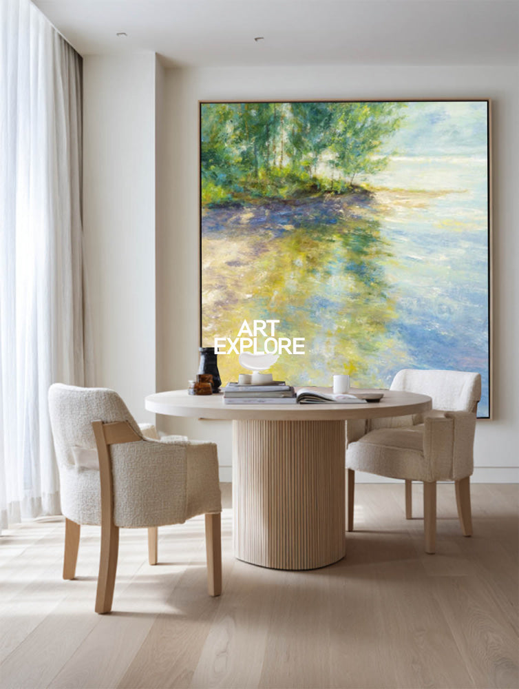 Textured Impressionist Lake Scene Oil Painting With Golden Accents For Modern Interior Design