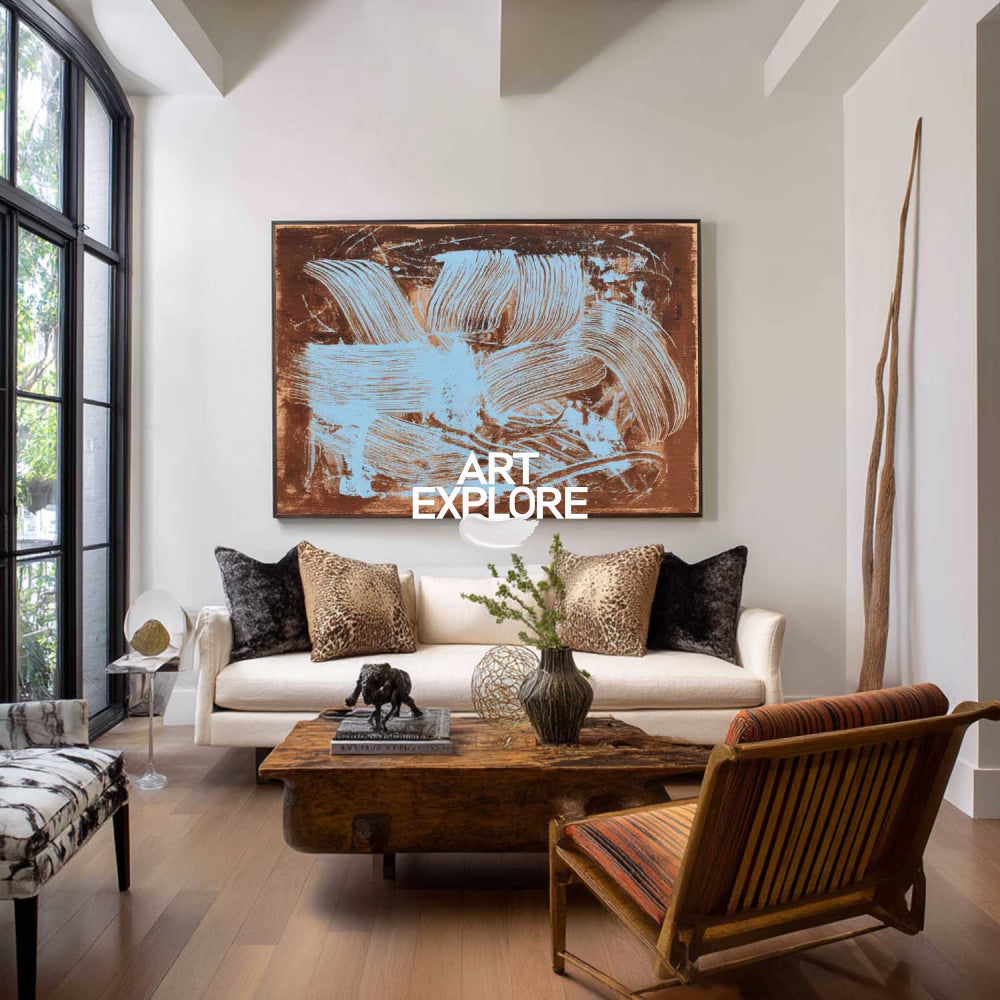 Modern Abstract Painting With Blue And Brown Textured Brushstrokes For Living Room Decor
