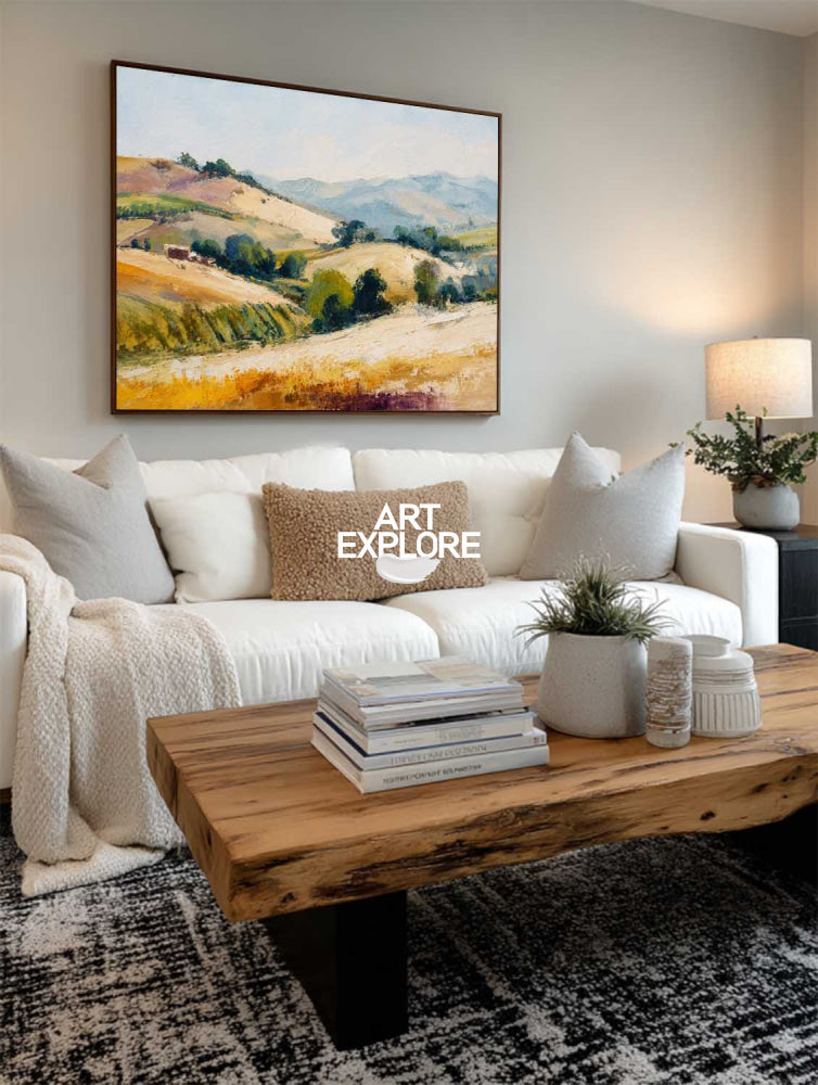 Golden Hillside Landscape Oil Painting With Textured Brushwork For Modern Living Room Decor