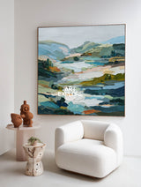 Abstract Green Hill Landscape Painting With Textured Brushstrokes For Modern Home Decor