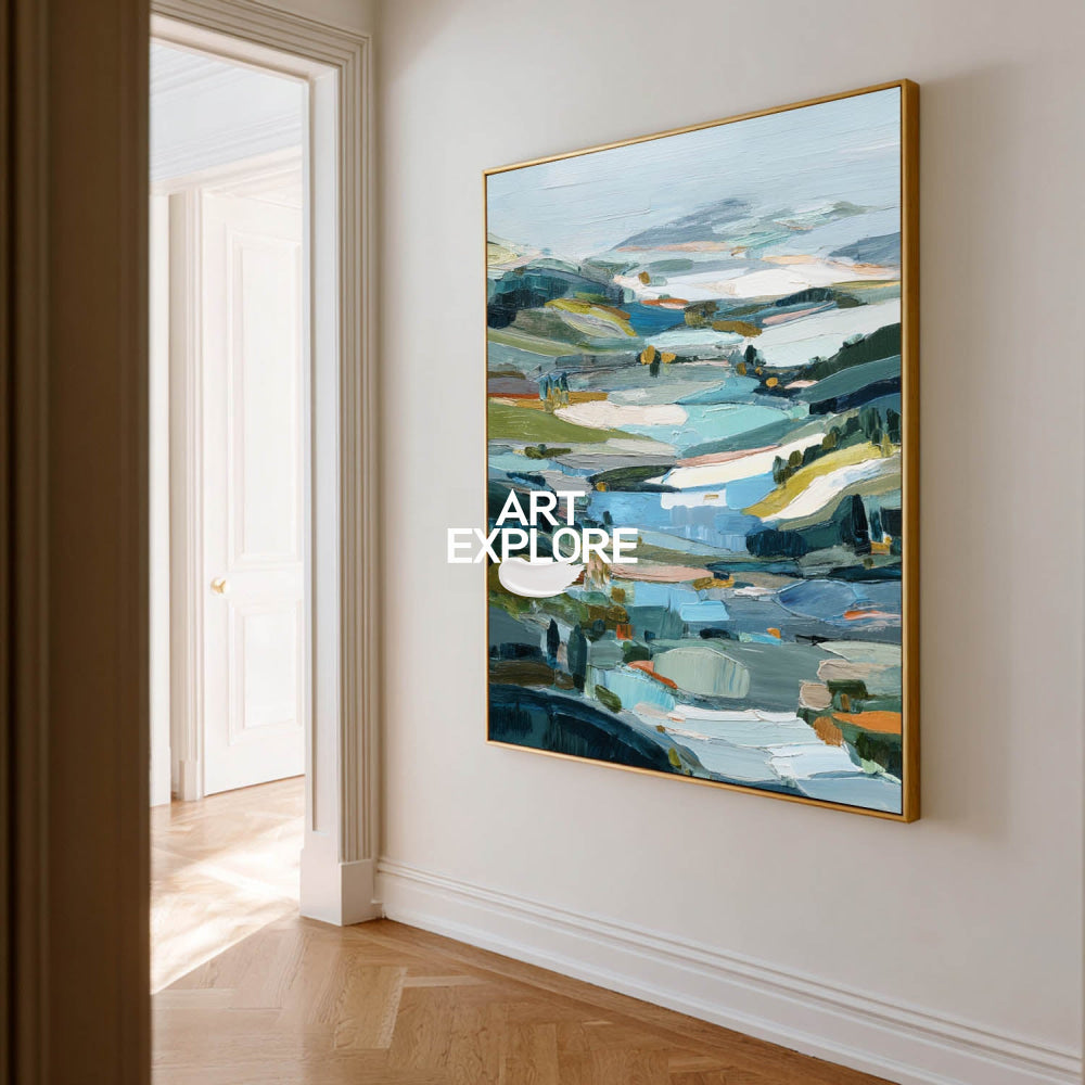 Original Textured Nature Art With Impasto Technique Blue Green Hills On Premium Linen Canvas