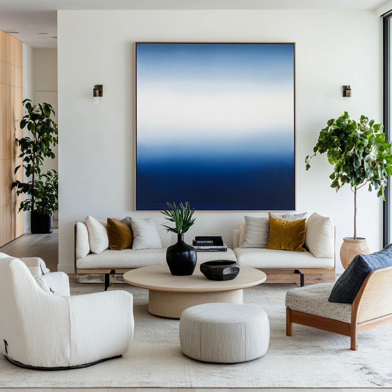 Modern Blue White Canvas Wall Art Blue Square Textured Paintings Large Minimalist Art For Livingroom