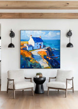 Blue Textured Landscape Wall Art Modern Countryside View Painting Large Landscape Painting