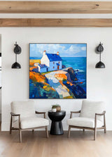 Blue Textured Landscape Wall Art Modern Countryside View Painting Large Landscape Painting