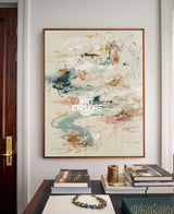 Large Abstract Expressionist Painting In Beige And Green For Modern Home Decor