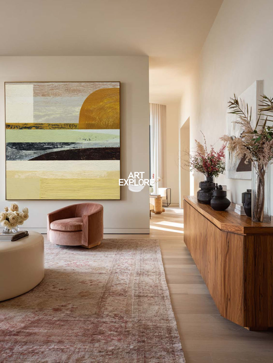 Minimalist Square Wall Art In Earth Tones For Elegant Living Room Design