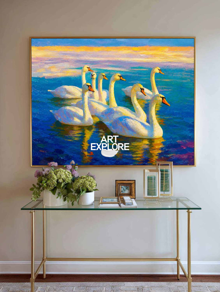 Original Oil Painting Of Swans On Blue Water With Gold Sunset Glow