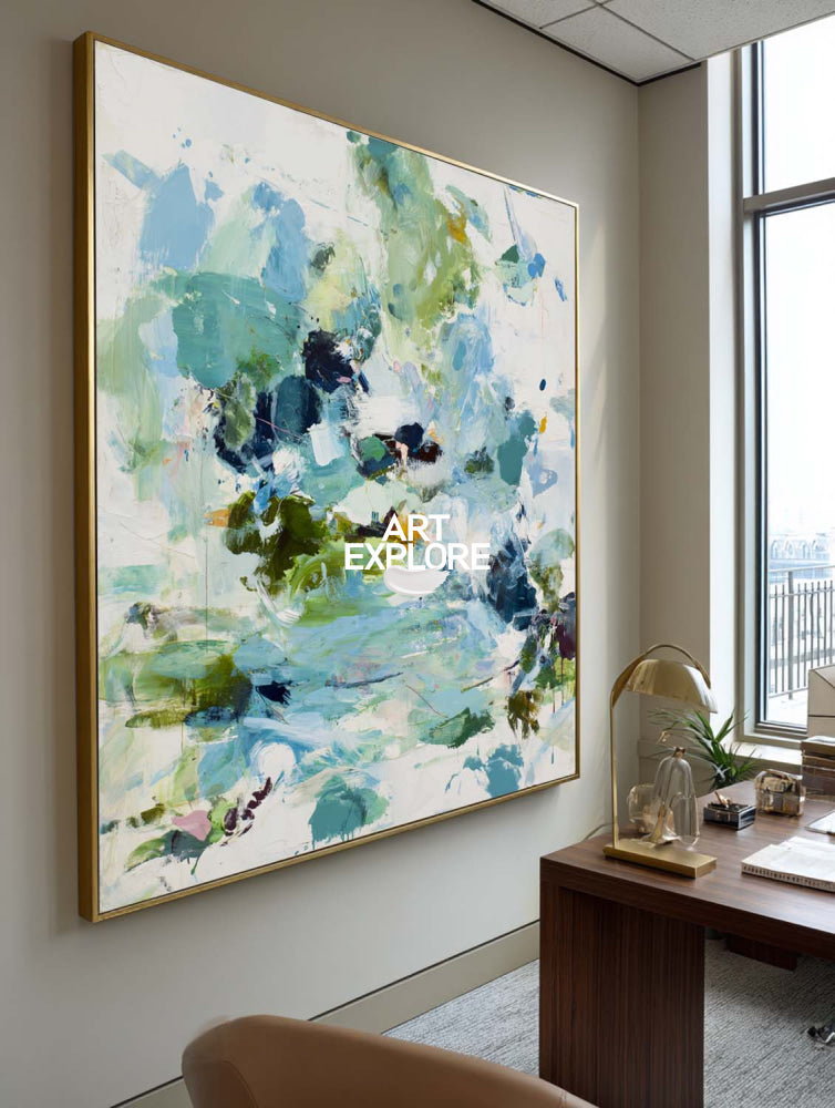 Vibrant Abstract Pond Painting With Green And Blue Hues For Modern Home Decor
