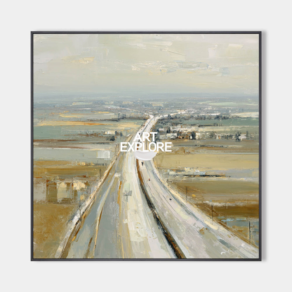 Abstract Highway Landscape Painting Textured Beige Grey Art For Modern Living Room