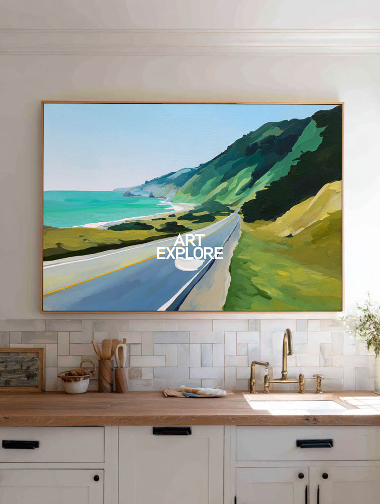 Abstract Coastal Road Landscape Painting With Ocean View For Modern Living Room Decor