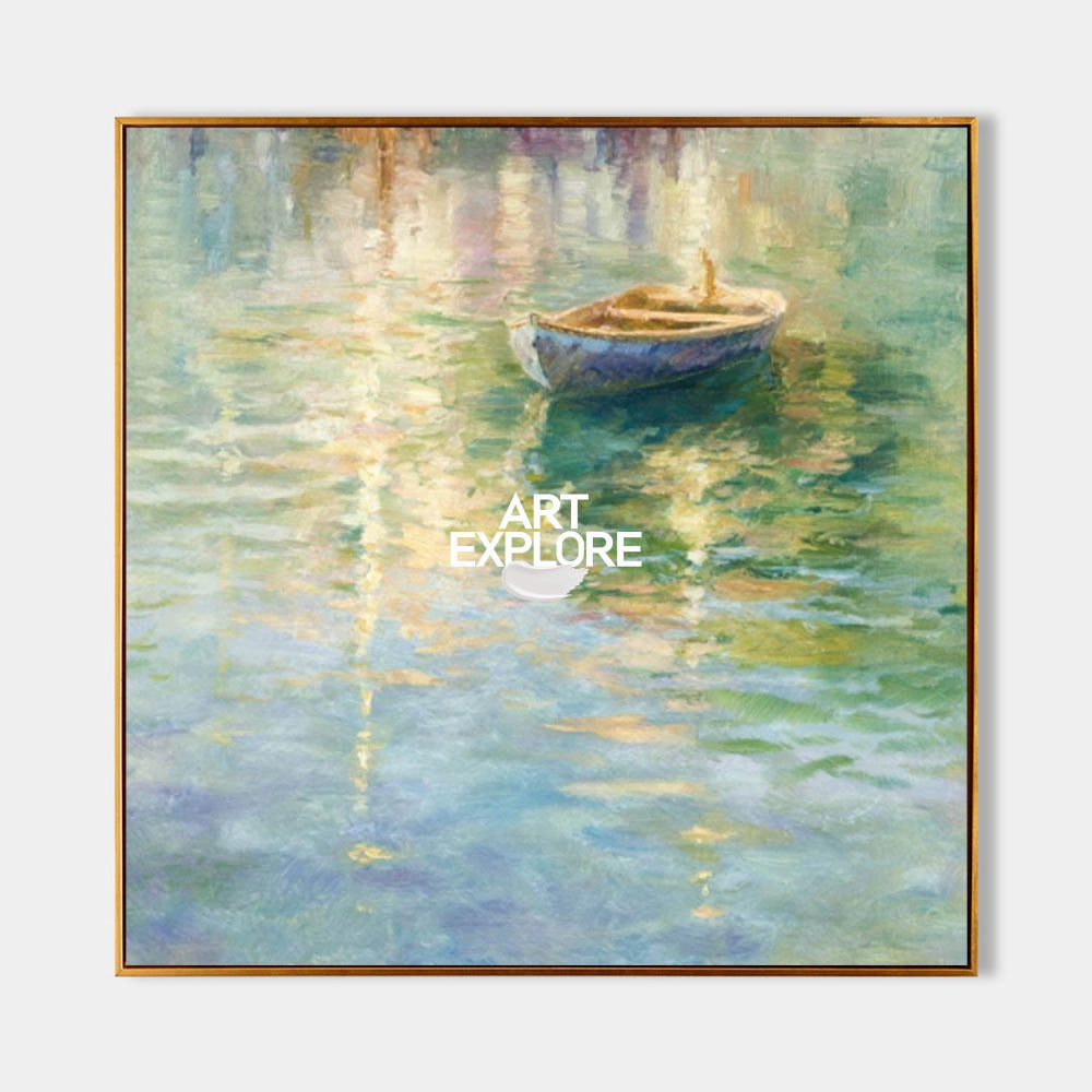 Original Impressionist Lakeside Painting With Rowboat For Elegant Living Room Wall Art