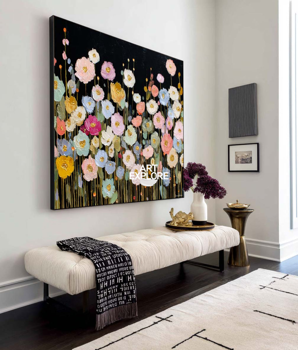 Modern Abstract Floral Painting With Gold Accents On Black Canvas For Living Room Decor