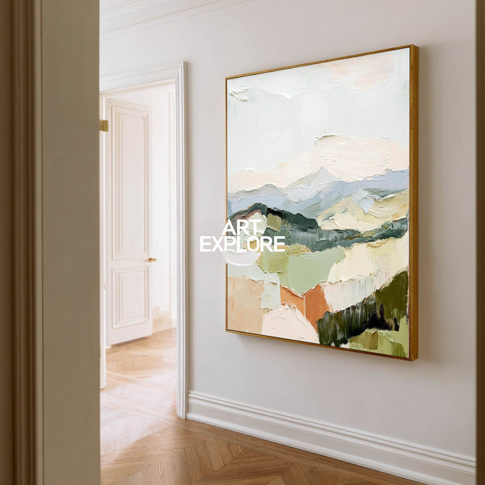 Modern Abstract Landscape Painting With Textured Hills For Living Room Decor