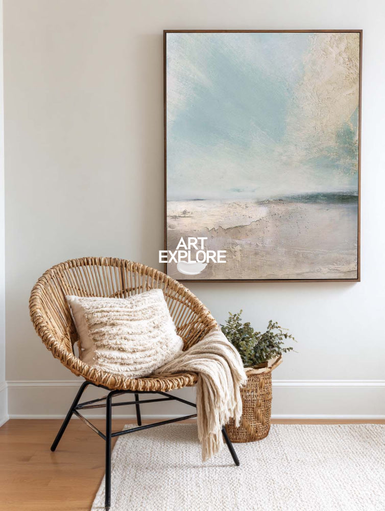Original Nature Landscape Painting In Blue And Beige For Bedroom Wall Art Design