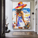 Original Abstract Woman In White Dress Oil Painting,Minimalist Colourful Apartment Decor,Beautiful Girl With A Hat