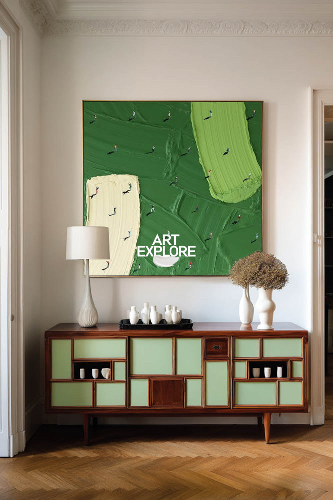 Abstract Golf Course Painting Green Beige Original Art For Living Room And Office Decor