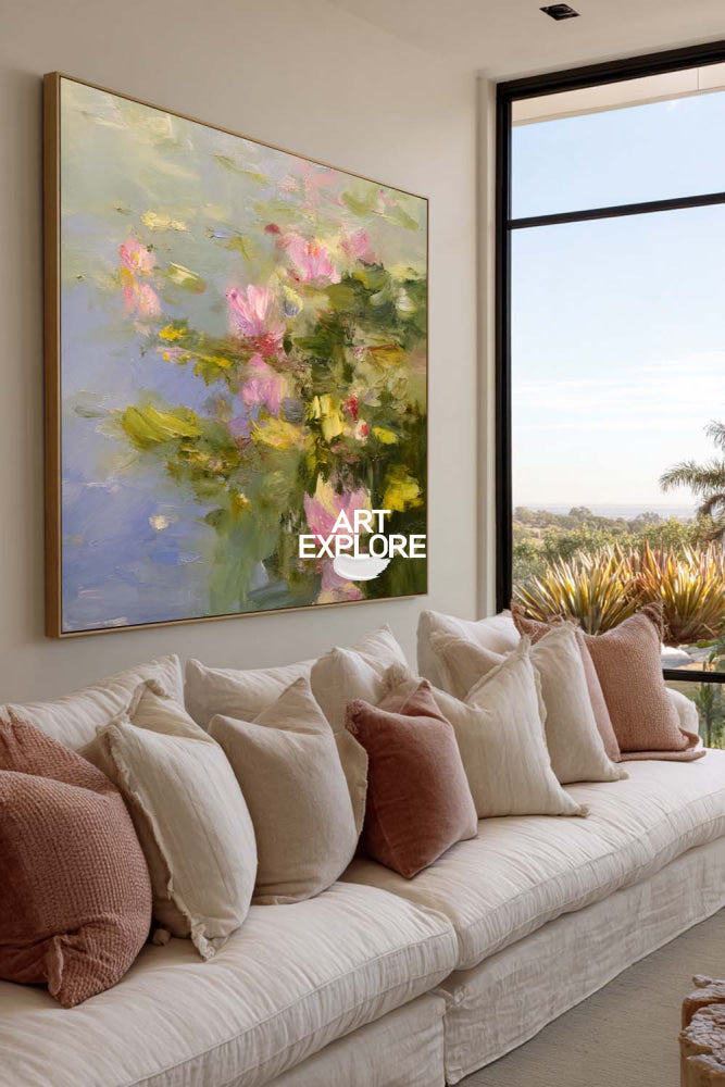 Modern Abstract Lotus Painting With Textured Brushwork For Elegant Home Decor