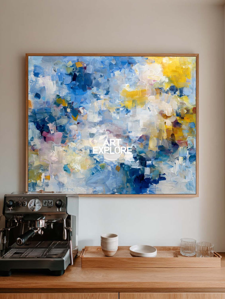 Abstract Impressionist Painting With Blue And Yellow Textured Art For Modern Living Room