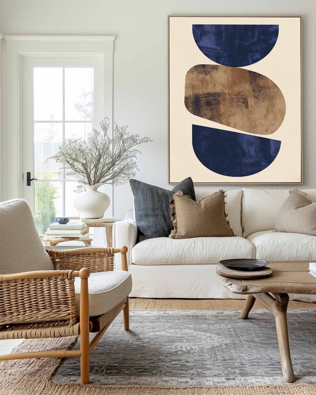 Beige And Blue Textured Geometric Abstract Painting Large Minimalist Wall Art For Sale