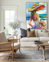 Girl On The Ocean Abstract Oil Painting, Joyful Woman At A Hawaiian Beach Art, Unique Colorful Art