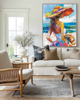 Girl On The Ocean Abstract Oil Painting, Joyful Woman At A Hawaiian Beach Art, Unique Colorful Art