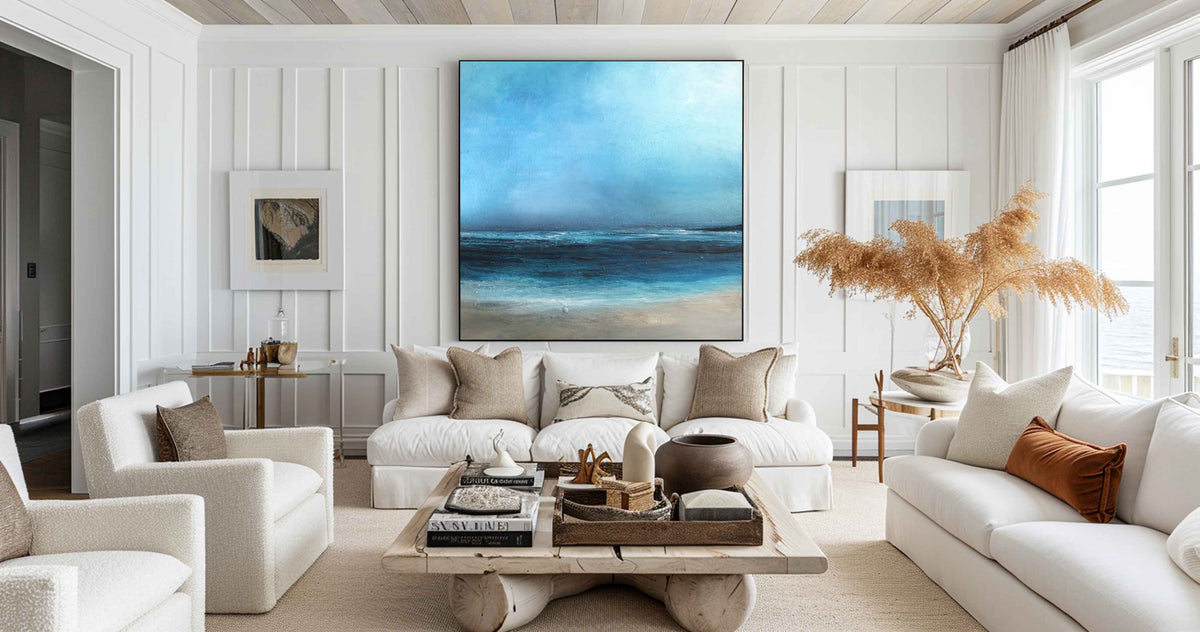 Large Beach Artwork Square Blue Ocean Painting Oversized Beach Canvas Wall Art