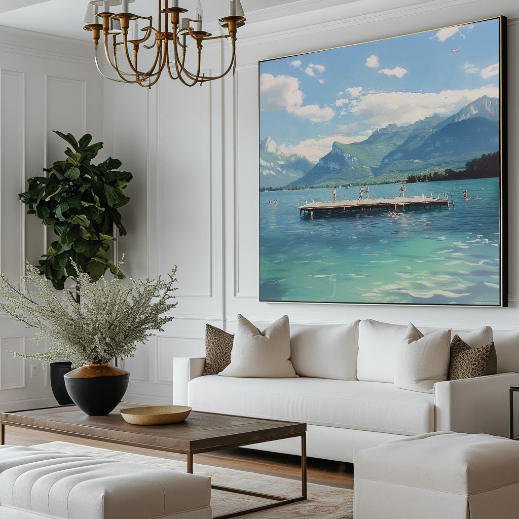 Modern Blue Lake Painting Canvas Art of Swimmers in the Blue Lake Original Hand Painted Acrylic Painting Art