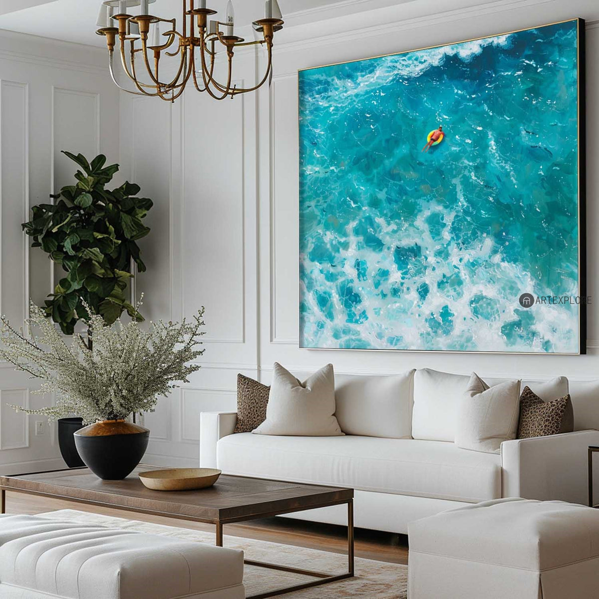 Abstract Modern Green Ocean Painting A people Floating in the Blue Green Sea Original Hand Painted Floating in the Ocean Acrylic Painting Art