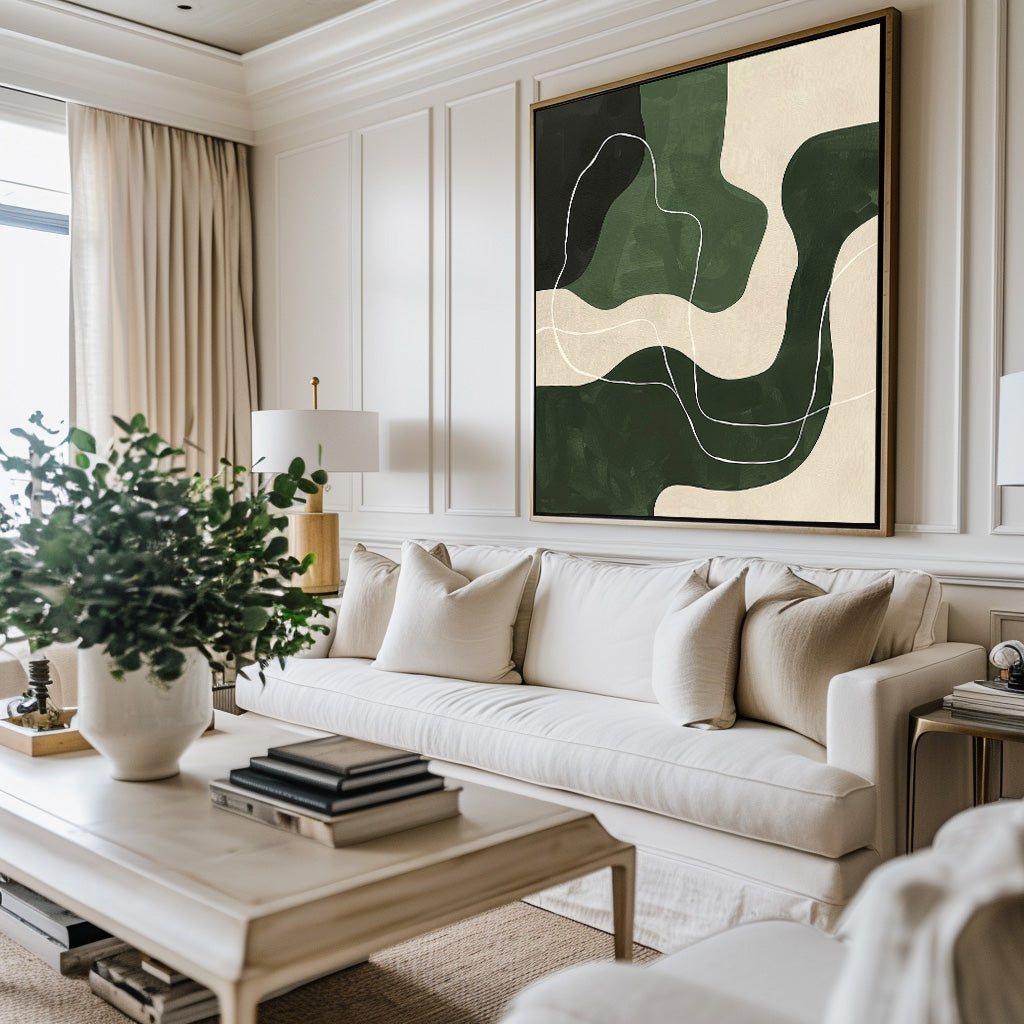 Abstract Green White Geometric Canvas Green Painting Large Modern Minimalist Artwork For Living Room