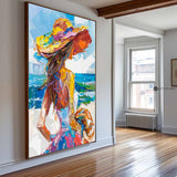 Girl On The Ocean Abstract Oil Painting, Joyful Woman At A Hawaiian Beach Art, Unique Colorful Art