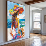 Girl On The Ocean Abstract Oil Painting, Joyful Woman At A Hawaiian Beach Art, Unique Colorful Art