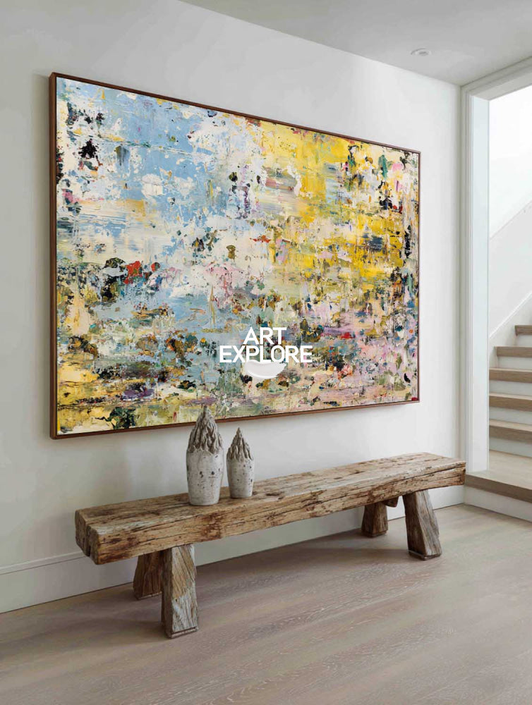 Modern Yellow And Blue Abstract Painting For Living Room Wall Art Decor