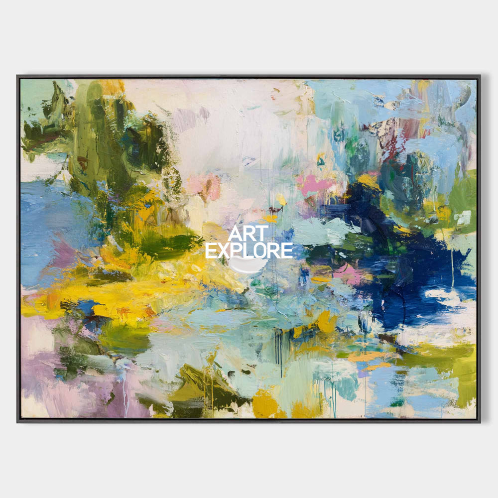 Large Abstract Impressionist Painting With Blue And Yellow Tones For Modern Living Room Decor