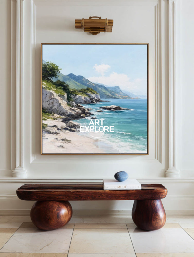 Modern Coastal Landscape Painting With Mountains And Sea For Living Room Decor