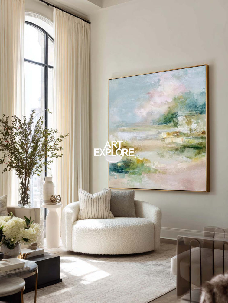 Abstract Estuary Landscape Painting With Soft Blues And Greens For Modern Home Decor