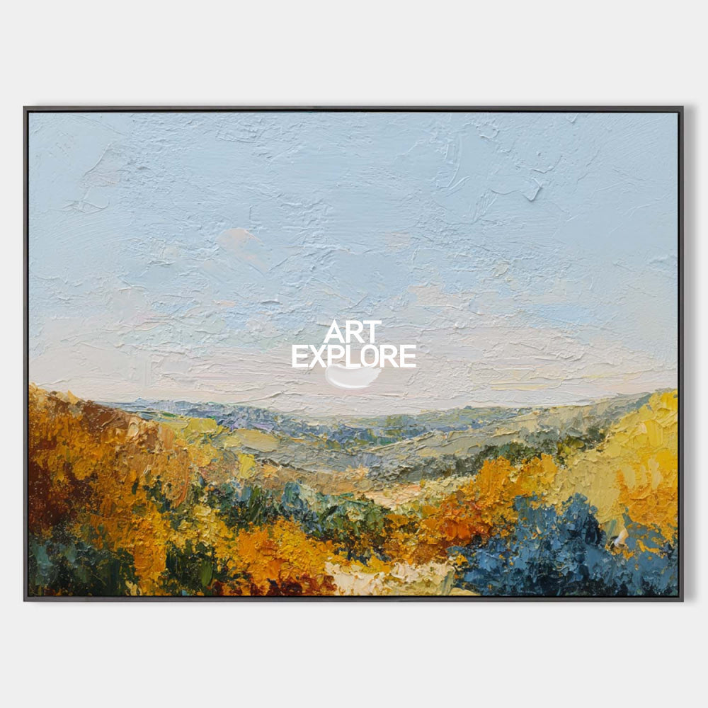Textured Mountain Landscape Oil Painting With Golden Autumn Colors For Modern Home Decor