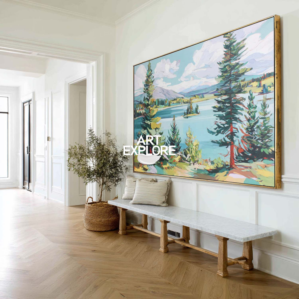 Abstract Green Landscape Painting With Trees And Lake For Modern Living Room Decor