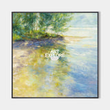 Textured Impressionist Lake Scene Oil Painting With Golden Accents For Modern Interior Design