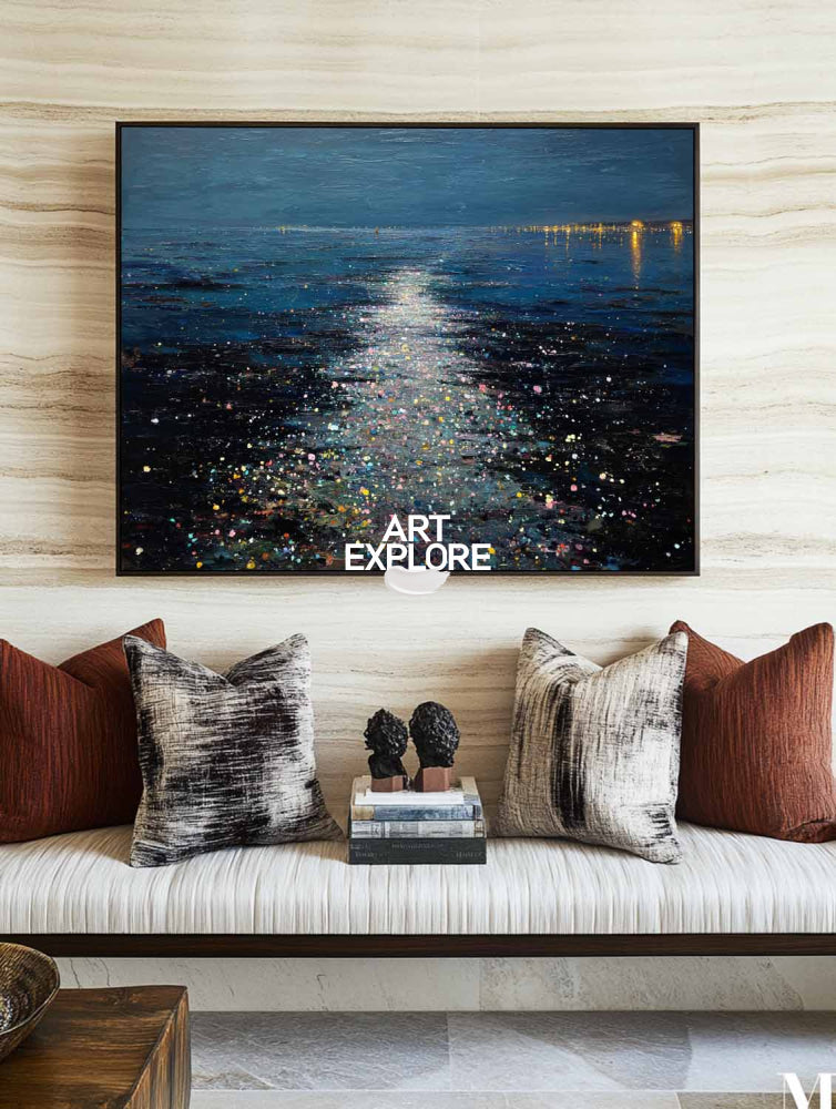 Abstract Ocean Painting With Moonlight Reflections For Modern Home Decor