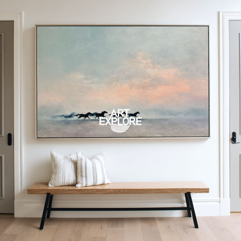 Minimalist Running Horse Painting Textured Blue Grey Wall Art For Living Room