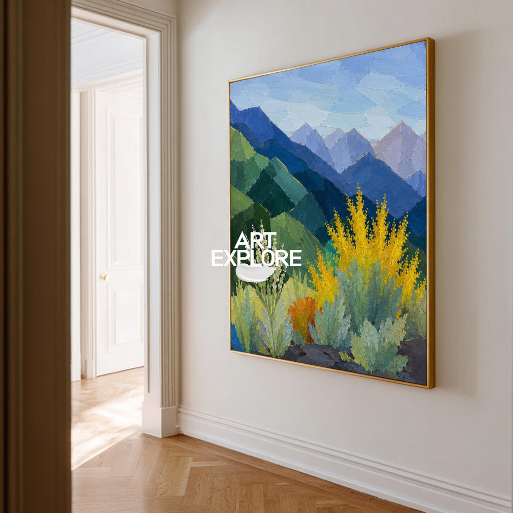 Modern Geometric Mountain Landscape Painting With Textured Blue Green Nature Art For Living Room Decor