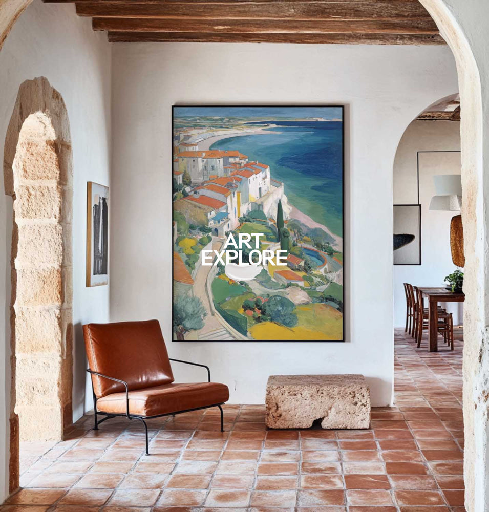 Abstract Coastal Town Seascape Oil Painting On Linen Canvas For Modern Home Decor